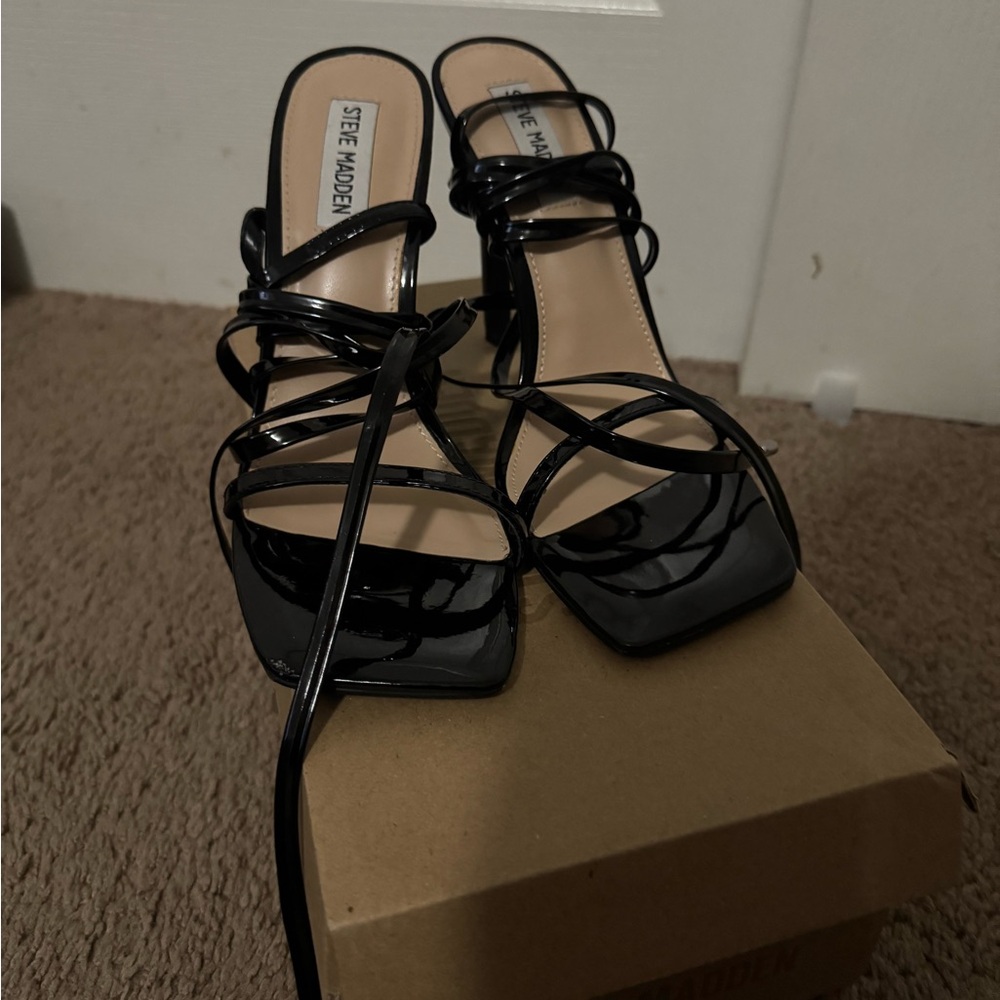 Steve Madden Glossy Black Strappy Heels